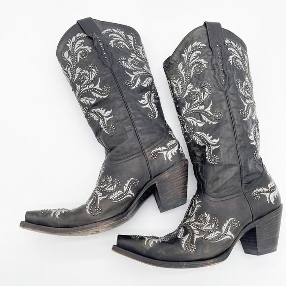 Lucchese Women's 10.5 Black Oklahoma Calfskin Studded Crystal Cowgirl Boots - Picture 3 of 11